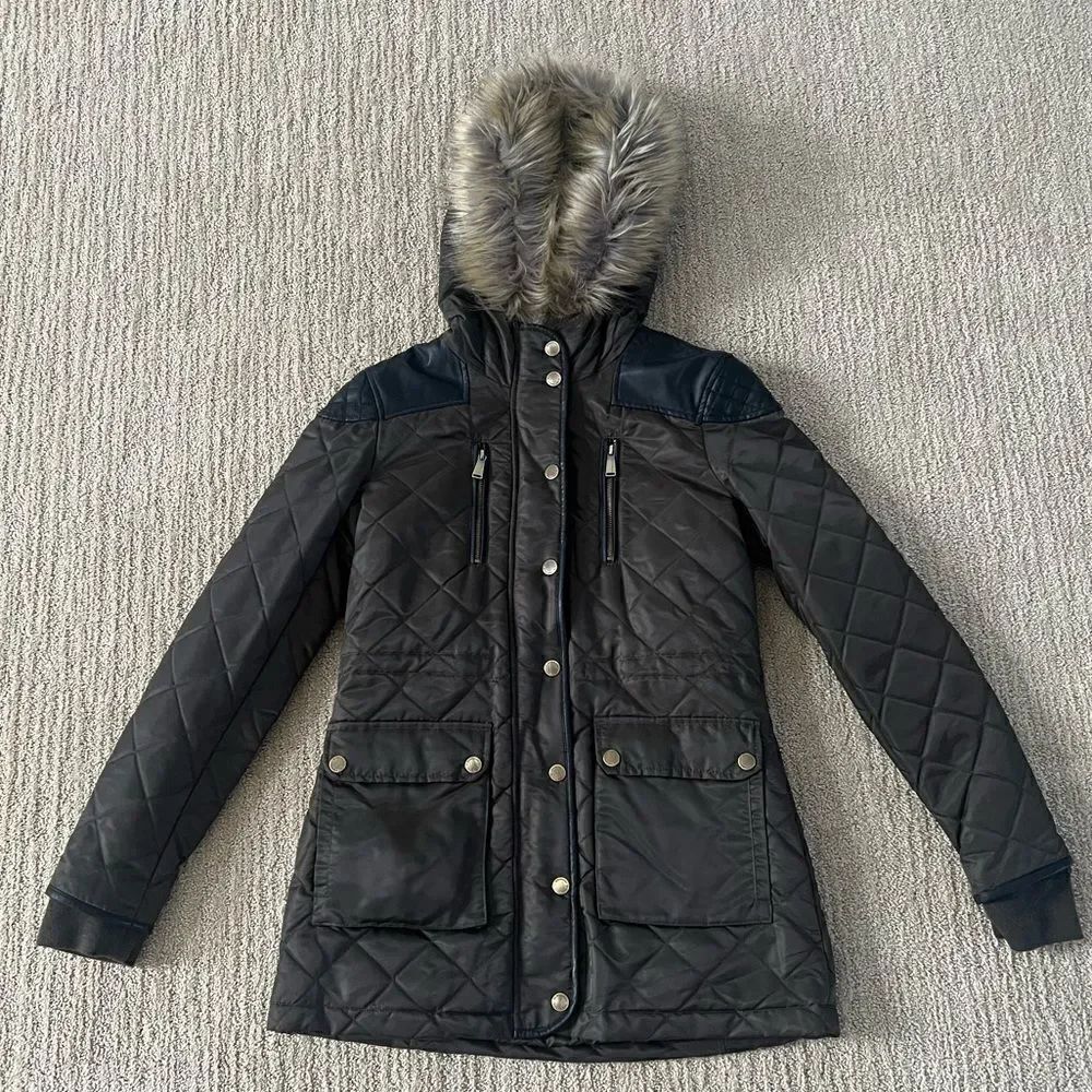 BCBGeneration Dark Olive Quilted Winter Coat with Furry Hood